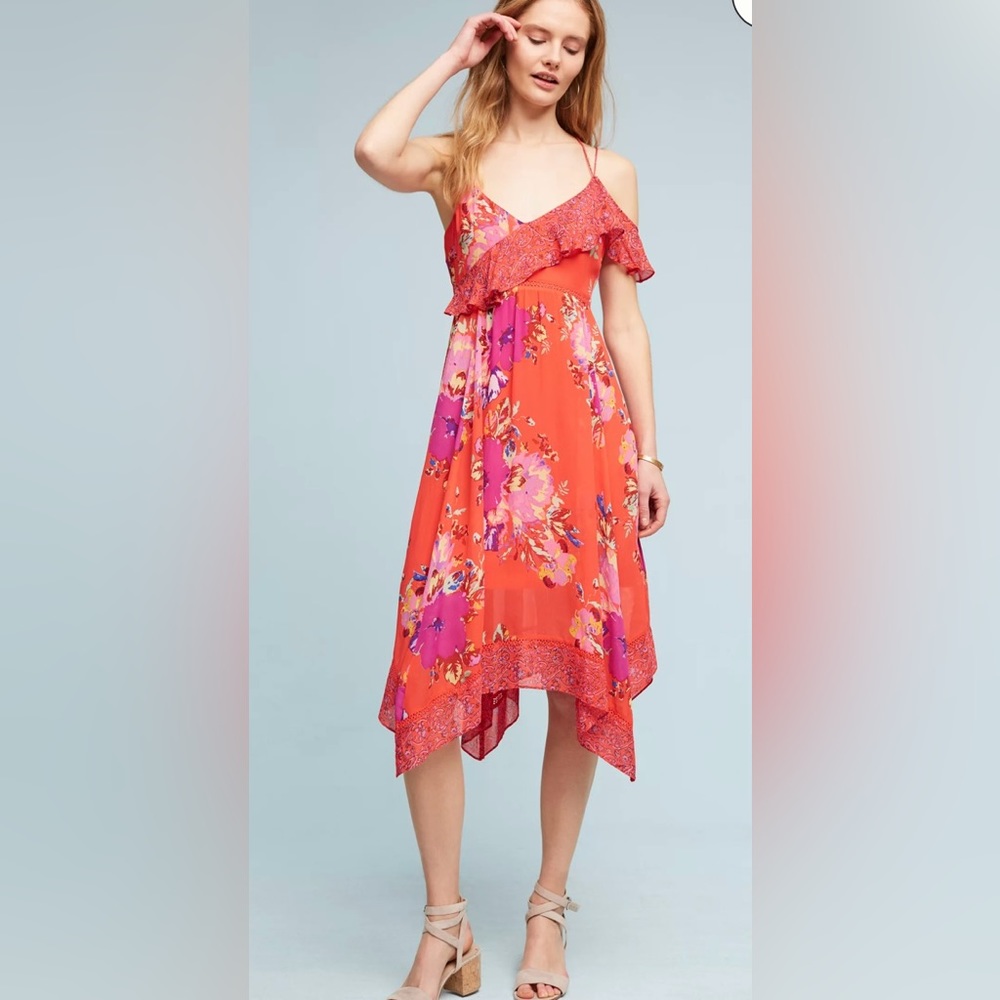 Anthropologie Maeve Grecia Orange Ruffle Strap Midi Dress in Size 12